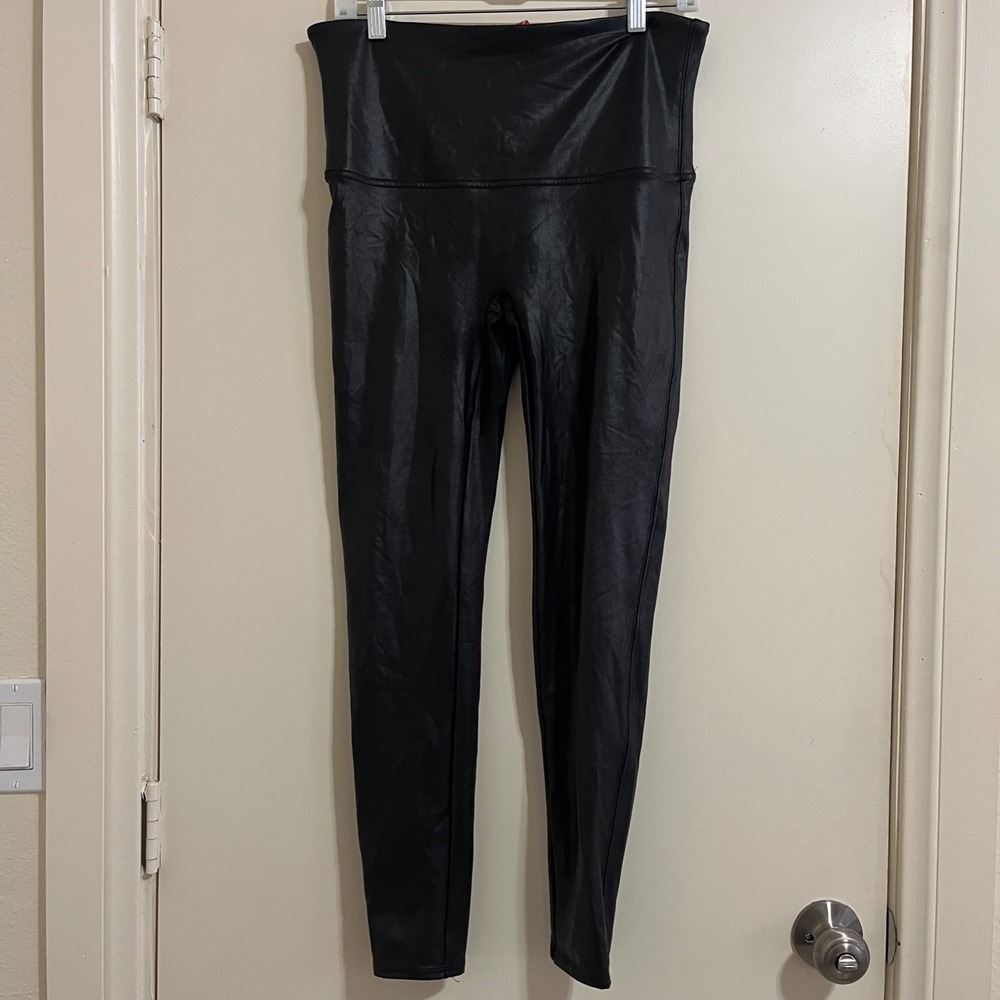 SPANX Faux Leather Leggings 1X Plus Black Shaping High Rise Skinny Stretch Rock
